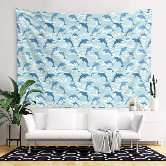 79x60 Inch Rectangle Wall Tapestry for Indoor & Outdoor, Living Room, Bedroom, Teen Room,Dolphin Wave Silhouette Light Blue Pattern