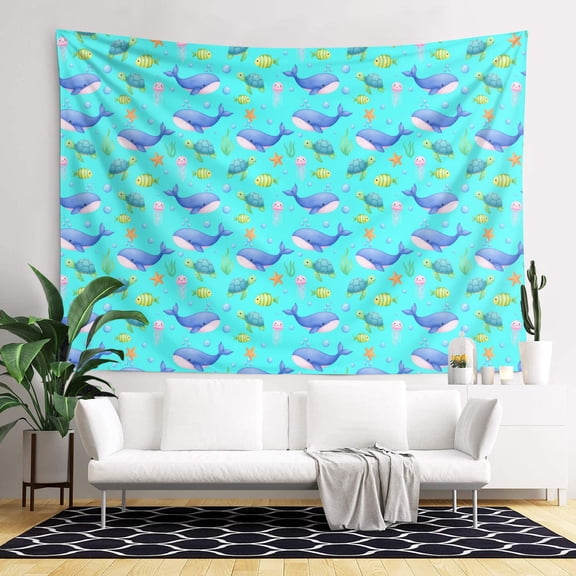 79x60 Inch Rectangle Wall Tapestry for Indoor & Outdoor, Living Room, Bedroom, Teen Room,Whale Turtle Jellyfish Turquoise Pattern