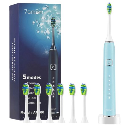 7AM2M Sonic Electric Toothbrush with 6 Brush Heads for Adults and Kids, One Charge for 90 Days, Wireless Fast Charge, 5 Modes with 2 Minutes Built in Smart Timer, Electric Toothbrushes(Light Blue)