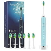 7AM2M Sonic Electric Toothbrush with 6 Brush Heads for Adults and Kids, One Charge for 90 Days, Wireless Fast Charge, 5 Modes with 2 Minutes Built in Smart Timer, Electric Toothbrushes(Light Blue)