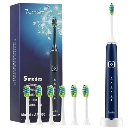 7AM2M Sonic Electric Toothbrush with 6 Brush Heads for Adults and Kids, One Charge for 90 Days, Wireless Fast Charge, 5 Modes with 2 Minutes Built in Smart Timer, Electric Toothbrushes (Navy Blue)