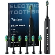 7AM2M Sonic Electric Toothbrush with 6 Brush Heads for Adults and Kids, One Charge for 90 Days, 5 Modes, 40000VPM Powered Toothbrush, 2 Minutes Build in Smart Timer, Roman Column Handle Design,Black