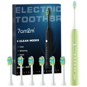 7AM2M Sonic Electric Toothbrush for Adults and Kids, One Charge for 90 Days, with 6 Brush Heads, 5 Modes with 2 Minutes Build in Smart Timer, Roman Column Handle Design,Green
