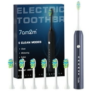 7AM2M Sonic Electric Toothbrush for Adults and Kids, One Charge for 90 Days, with 6 Brush Heads, 5 Modes with 2 Minutes Build in Smart Timer, Roman Column Handle Design,Navy Blue
