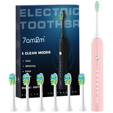 7AM2M Sonic Electric Toothbrush with 6 Brush Heads for Adults and Kids, One Charge for 90 Days, 5 Modes, 40000VPM Powered Toothbrush, 2 Minutes Build in Smart Timer, Roman Column Handle Design,Pink