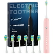 7AM2M Sonic Electric Toothbrush for Adults and Kids, One Charge for 90 Days, with 6 Brush Heads, 5 Modes with 2 Minutes Build in Smart Timer, Roman Column Handle Design,Pink