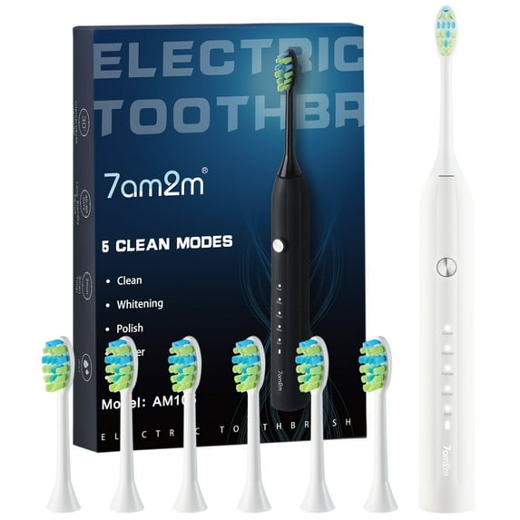 7AM2M Sonic Electric Toothbrush with 6 Brush Heads for Adults and Kids, One Charge for 90 Days, 5 Modes, 40000VPM Powered Toothbrush, 2 Minutes Build in Smart Timer, Roman Column Handle Design,White