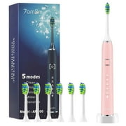 7AM2M Sonic Electric Toothbrush for Adults and Kids, One Charge for 90 Days, with 6 Brush Heads, 5 Modes with 2 Minutes Build in Smart Timer, Wireless Fast Charge (Pink)