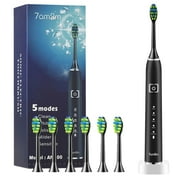 7AM2M Sonic Electric Toothbrush with 6 Brush Heads for Adults and Kids, One Charge for 90 Days, Wireless Fast Charge, 5 Modes with 2 Minutes Built in Smart Timer, Electric Toothbrushes (Black)