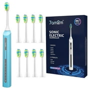 7AM2M Sonic Electric Toothbrush, High Power Rechargeable Toothbrushes, with 8 Brush Heads for Adults and Kids, 15 Adjustable Modes, Built-in 2-Minute Smart Timer, 4 Hours Fast Charge, Light Blue