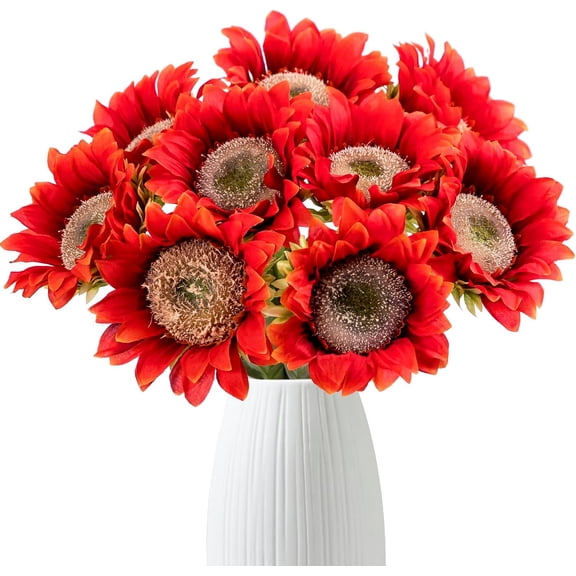 7Artificial Flowers Sunflowers with Stems Bouquet Look Real for Wedding Centerpieces Home Decoration Party(Red)