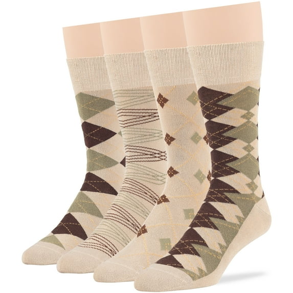 7BIGSTARS KINGDOM Men Bamboo Dress Crew Sock - 4 Pack - Argyle, Geometric, Stripe - Fashion Seamless -Light Beige Assortment - Sock Size 10-13 Shoe 9-12 L