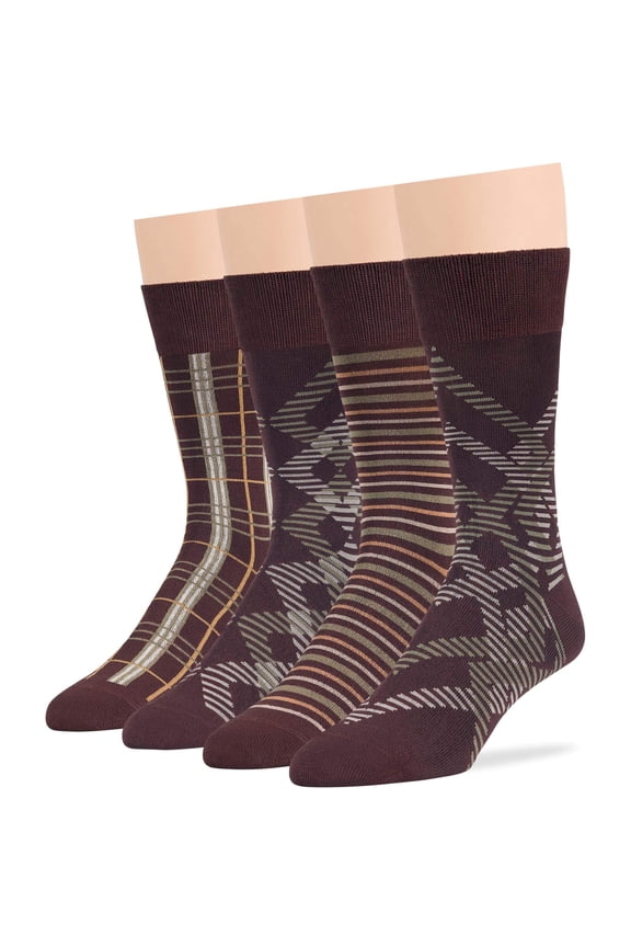 Men Bamboo Fashion Dress Crew Sock - 4 Pack - Geometric, Stripe - Casual Business Seamless- Brown Assortment - Sock Size 10-13 Shoe 9-12 L