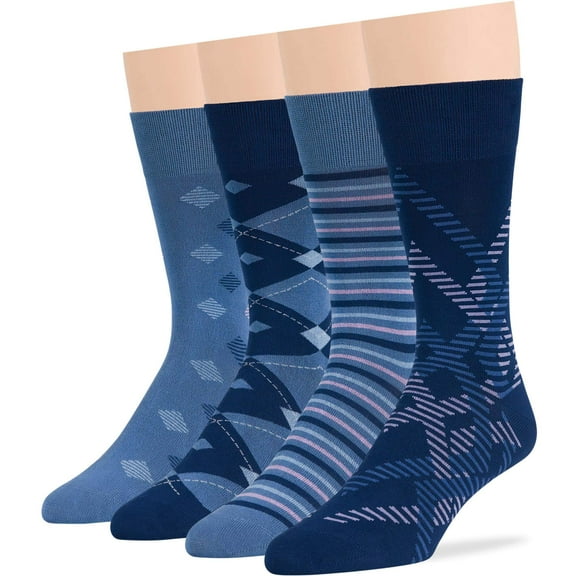 7BIGSTARS KINGDOM Men Bamboo Novelty Dress Crew Sock - 4 Pack - Geometric, Stripe - Casual Seamless- Denim Blue, Light Navy - Sock Size 10-13 Shoe 9-12 L