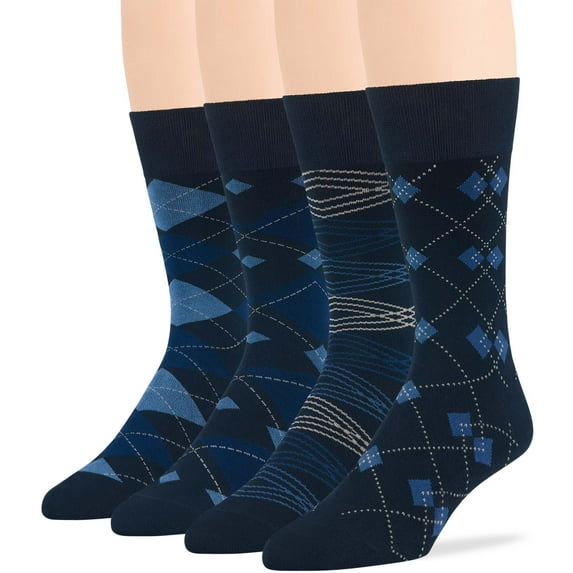 7BIGSTARS KINGDOM Men Bamboo Patterned Dress Crew Sock - 4 Pack - Argyle, Geometric, Stripe -Casual Fashion Seamless -Dark Navy Assortment - Sock Size 10-13 Shoe 9-12 L