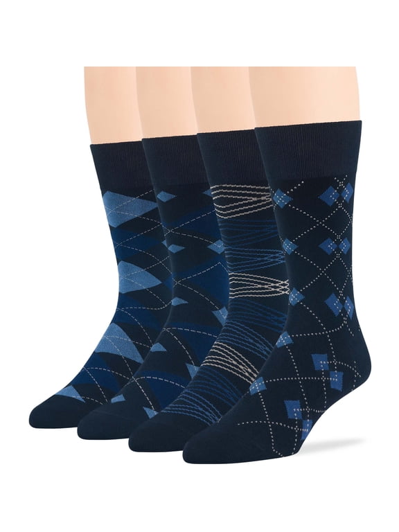 Men Bamboo Patterned Dress Crew Sock - 4 Pack - Argyle, Geometric, Stripe -Casual Fashion Seamless -Dark Navy Assortment - Sock Size 10-13 Shoe 9-12 L