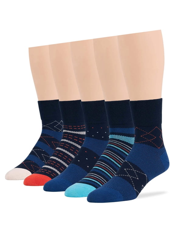 Men Diabetic Non-Binding Cotton Quarter Socks - 5 Pack Big Tall - Geometric, Stirpe, Dot Pattern, Seamless - Sock Size 13-15 Shoe Size 12-15 XL Navy Blue, Denim Blue, Orange