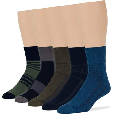 7BIGSTARS KINGDOM Men Novelty Diabetic Loose Cotton Quarter Socks - 5 Pack Big Tall - Stripe Pattern Seamless - Sock Size 13-15 Shoe Size 12-15 XL Denim Blue, Olive Green, Dark Grey, Black