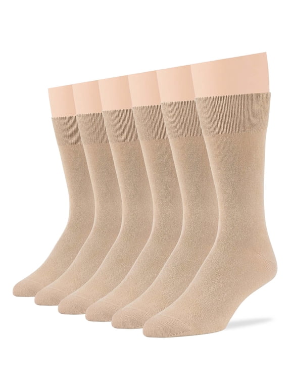 Men's Cotton Dress Socks - 6 Pack Large - Solid Casual Crew Lightweight Business Work Sock Size 10-13 Shoe 9-12 L Beige