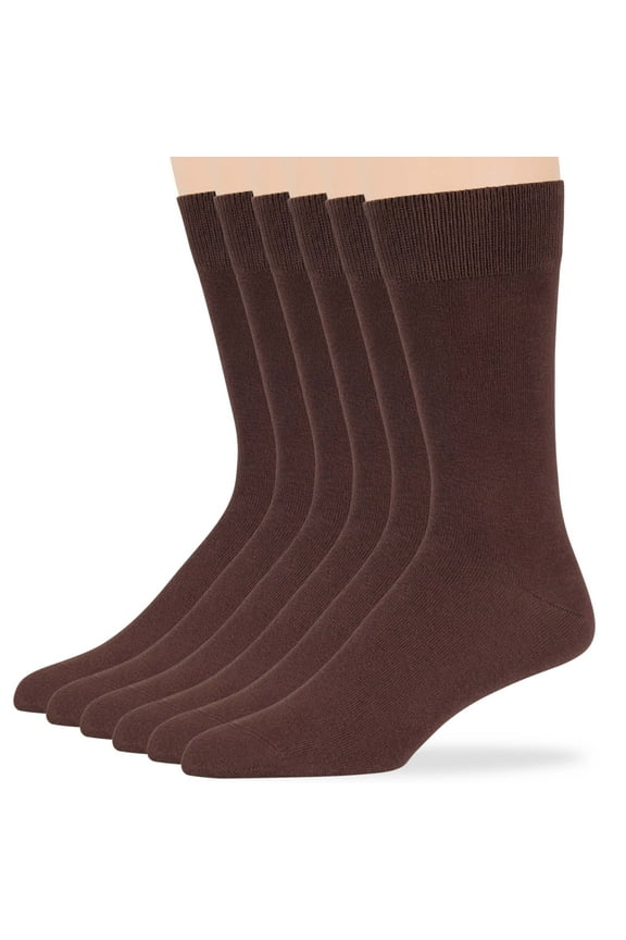 Men's Cotton Dress Socks - 6 Pack Large - Solid Casual Crew Lightweight Business Work Sock Size 10-13 Shoe 9-12 L Brown