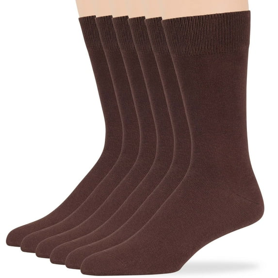 7BIGSTARS KINGDOM Men's Cotton Dress Socks - 6 Pack Large - Solid Casual Crew Lightweight Business Work Sock Size 10-13 Shoe 9-12 L Brown