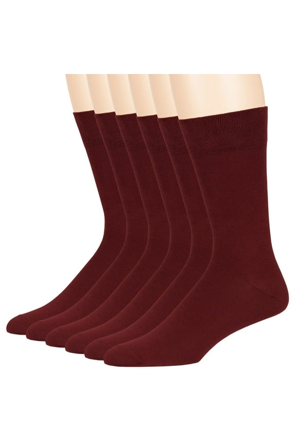 Men's Cotton Dress Socks - 6 Pack Large - Solid Casual Crew Lightweight Business Work Sock Size 10-13 Shoe 9-12 L Burgundy