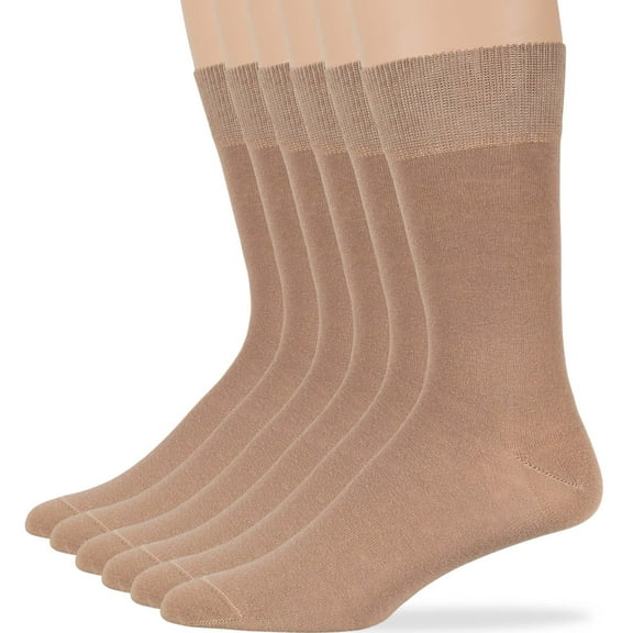 7BIGSTARS KINGDOM Men's Cotton Dress Socks - 6 Pack Large - Solid Casual Crew Lightweight Business Work Sock Size 10-13 Shoe 9-12 L Dark Beige