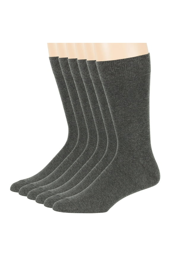 Men's Cotton Dress Socks - 6 Pack Large - Solid Casual Crew Lightweight Business Work Sock Size 10-13 Shoe 9-12 L Dark Grey