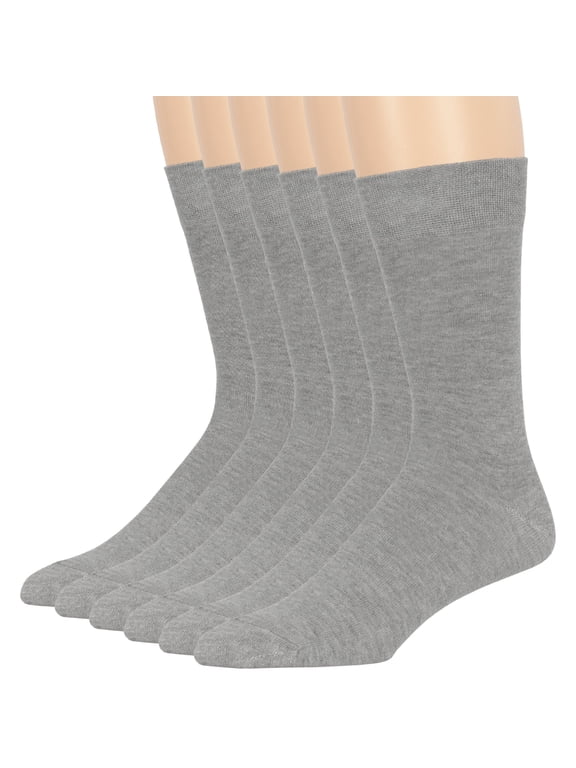 Men's Cotton Dress Socks - 6 Pack Large - Solid Casual Crew Lightweight Business Work Sock Size 10-13 Shoe 9-12 L Grey