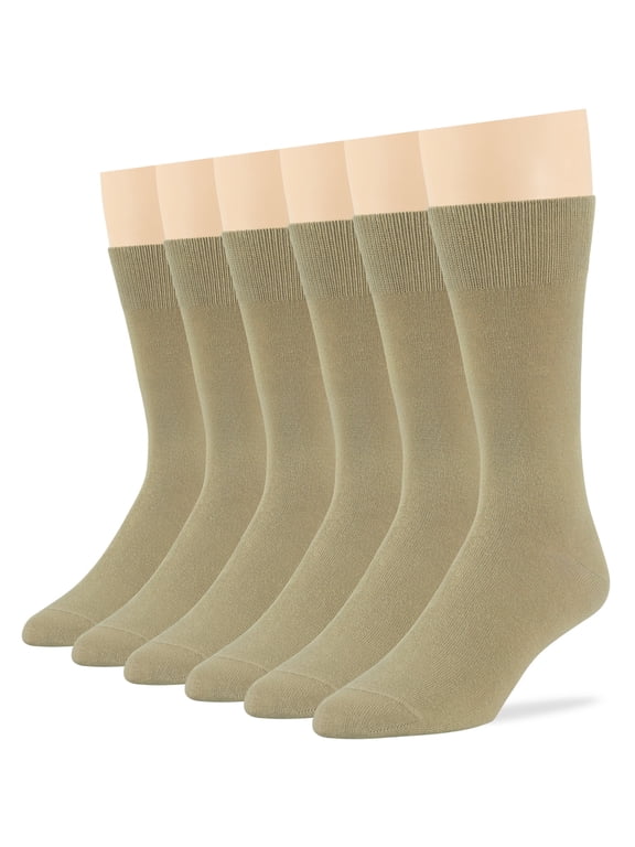 Men's Cotton Dress Socks - 6 Pack Large - Solid Casual Crew Lightweight Business Work Sock Size 10-13 Shoe 9-12 L Khaki