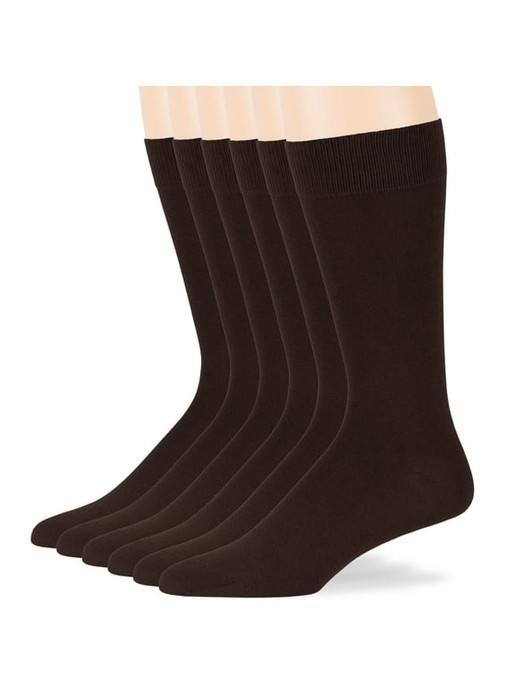 Men's Cotton Dress Socks - 6 Pairs XL - Solid Casual Crew Lightweight Business Big and Tall Shoe 12-15 XL Dark Brown