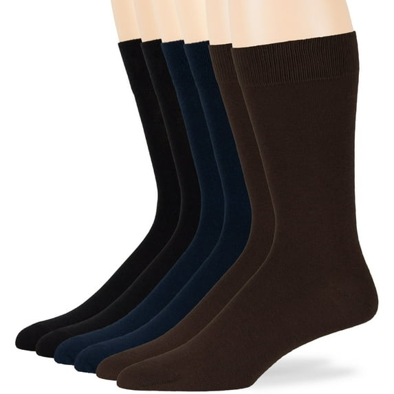 7BIGSTARS KINGDOM Men's Cotton Dress Socks -6 pack- Thin Big Tall Crew Casual Black, Dark Navy, Dark Brown Sock Size 13-15 Shoe 12-15 XL (A05)