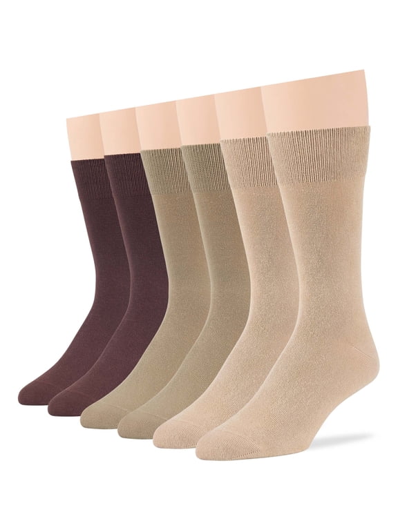 Men's Cotton Dress Socks -6 pack- Thin Business Crew Casual Brown, Beige, Light Beige Sock 10-13 Shoe Size 9-12 L (A06)
