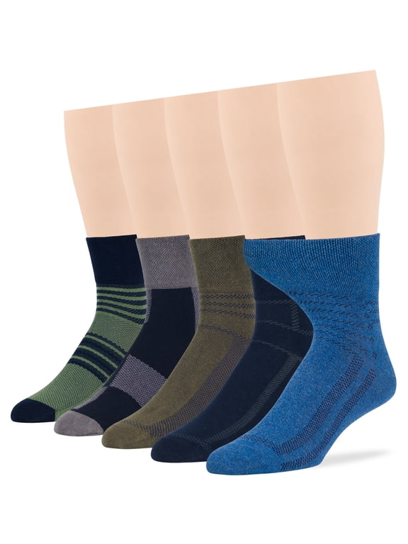 Men's Diabetic Cotton Fashion Quarter Socks - 5 Pack Large - Square Stripe Pattern Seamless - Sock Size 10-13 Shoe Size 9-12 L Denim Blue, Olive Green, Dark Grey, Black
