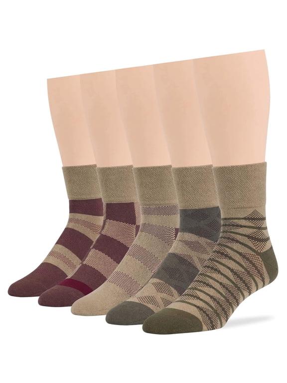 Men's Diabetic Extra Wide Cotton Quarter Socks - 5 Pack Big Tall - Geometric, Stripe Pattern, Seamless - Sock Size 13-15 Shoe Size 12-15 XL Khaki, Brown, Olive Green