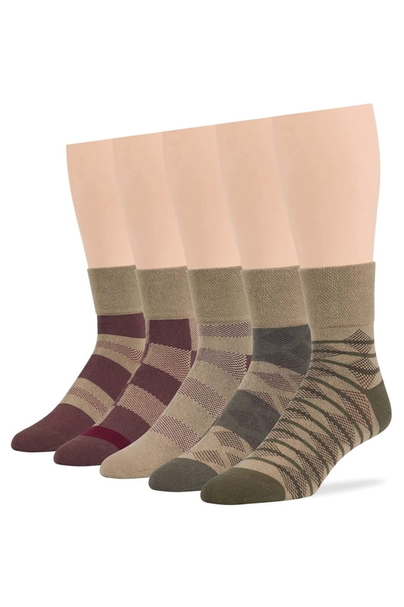 Men's Diabetic Loose Cotton Quarter Socks - 5 Pack - Geometric, Stripe Pattern, Seamless - Sock Size 10-13 Shoe Size 9-12 L Khaki, Brown, Olive Green