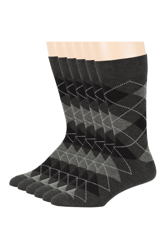 Men's Dress Argyle Cotton Socks - 6 Pack - Large - Casual Seamless Socks Size 10-13 Shoe Size 6-12 L Charcoal