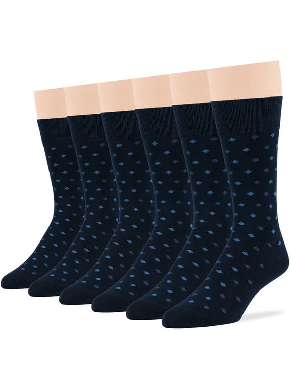 Men's Dress Socks Cotton - 6 pack- Dotted Crew Casual Sock Size 10-13 Shoe Size 6-12 Dark Navy L