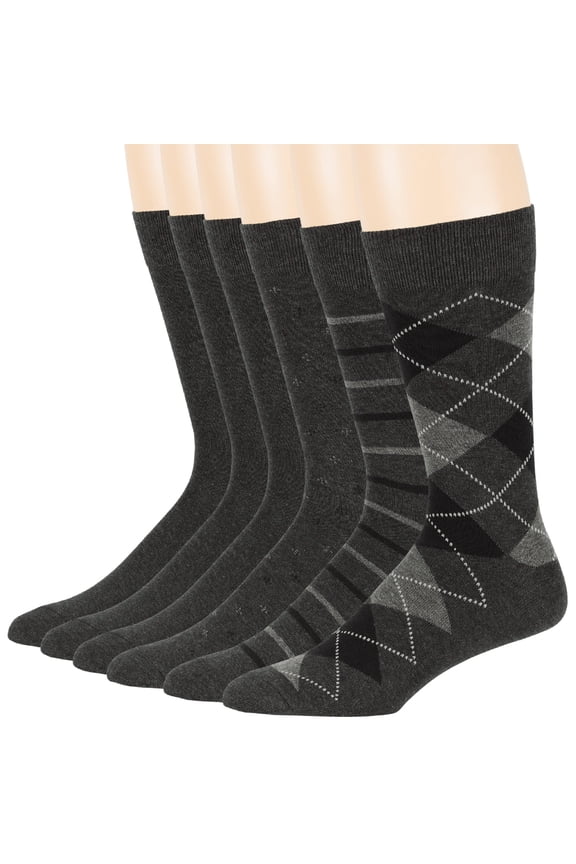 Men's Dress Socks Cotton -6 pack- Fashion Thin Business Casual, Argyle, Dotted, Striped, Solid, Sock Size 10-13 Shoe Size 6-12 L Charcoal