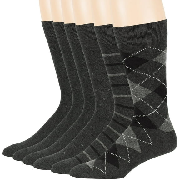 7BIGSTARS KINGDOM Men's Dress Socks Cotton -6 pack- Fashion Thin Business Casual, Argyle, Dotted, Striped, Solid, Sock Size 10-13 Shoe Size 6-12 L Charcoal