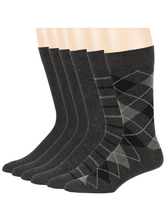 Men's Dress Socks Cotton -6 pack- Fashion Thin Business Casual, Argyle, Dotted, Striped, Solid, Sock Size 10-13 Shoe Size 6-12 L Charcoal
