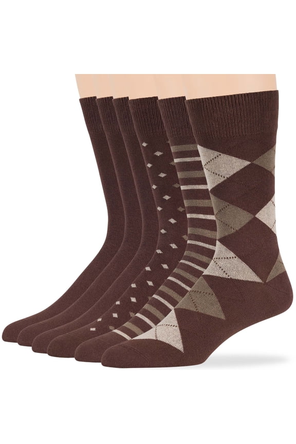 Men's Dress Socks Cotton -6 pack- Patterned Thin Business Casual Argyle, Dotted, Striped, Solid, Sock Size 10-13 Shoe Size 6-12 L Brown