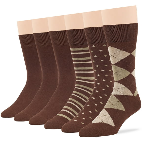 7BIGSTARS KINGDOM Men's Dress Socks Cotton -6 pack- Patterned Thin Business Casual Argyle, Dotted, Striped, Solid, Sock Size 10-13 Shoe Size 6-12 L Brown