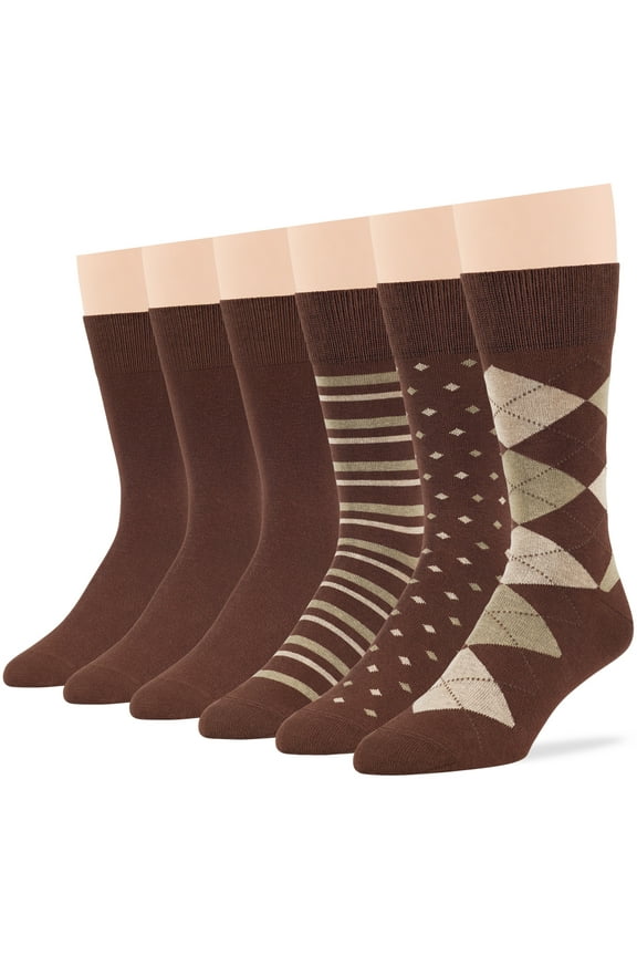 Men's Dress Socks Cotton -6 pack- Patterned Thin Business Casual Argyle, Dotted, Striped, Solid, Sock Size 10-13 Shoe Size 6-12 L Brown