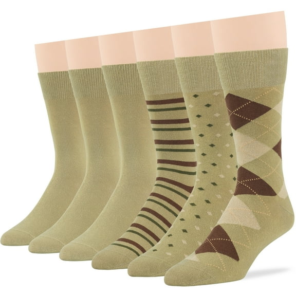 7BIGSTARS KINGDOM Men's Dress Socks Cotton -6 pack- Patterned Thin Business Casual Argyle, Dotted, Striped, Solid, Sock Size 10-13 Shoe Size 6-12 L Khaki