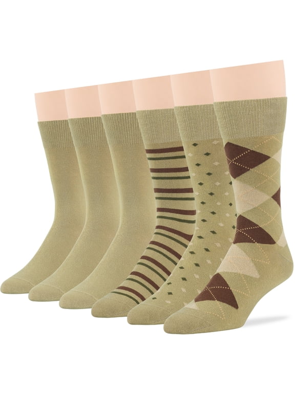 Men's Dress Socks Cotton -6 pack- Patterned Thin Business Casual Argyle, Dotted, Striped, Solid, Sock Size 10-13 Shoe Size 6-12 L Khaki