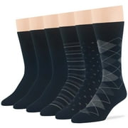 7BIGSTARS KINGDOM Mens Dress Socks Cotton -6 pack- Thin Business Casual Argyle, Dotted, Striped, Solid, Sock Size 10-13 Shoe Size 6-12 L Black