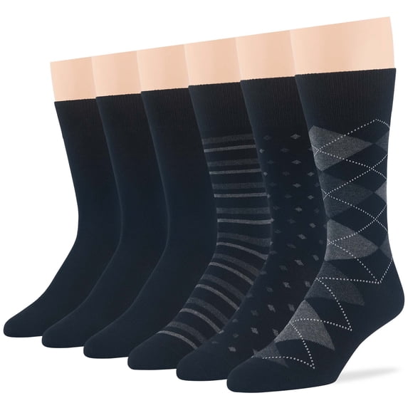 7BIGSTARS KINGDOM Men's Dress Socks Cotton -6 pack- Thin Business Casual Argyle, Dotted, Striped, Solid, Sock Size 10-13 Shoe Size 6-12 L Black