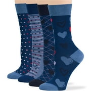 7BIGSTARS KINGDOM Women Bamboo Fancy Socks - 4 Pack Large - Heart, Stripes - Casual Crew Seamless - Denim Blue, Navy - Sock Size 10-12; Shoe Size 8-12 L