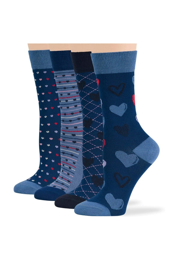 Women Bamboo Fancy Socks - 4 Pack Large - Heart, Stripes - Casual Crew Seamless - Denim Blue, Navy - Sock Size: 10-12; Shoe Size: 8-12 L